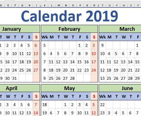 Create an Excel calendar (2019)